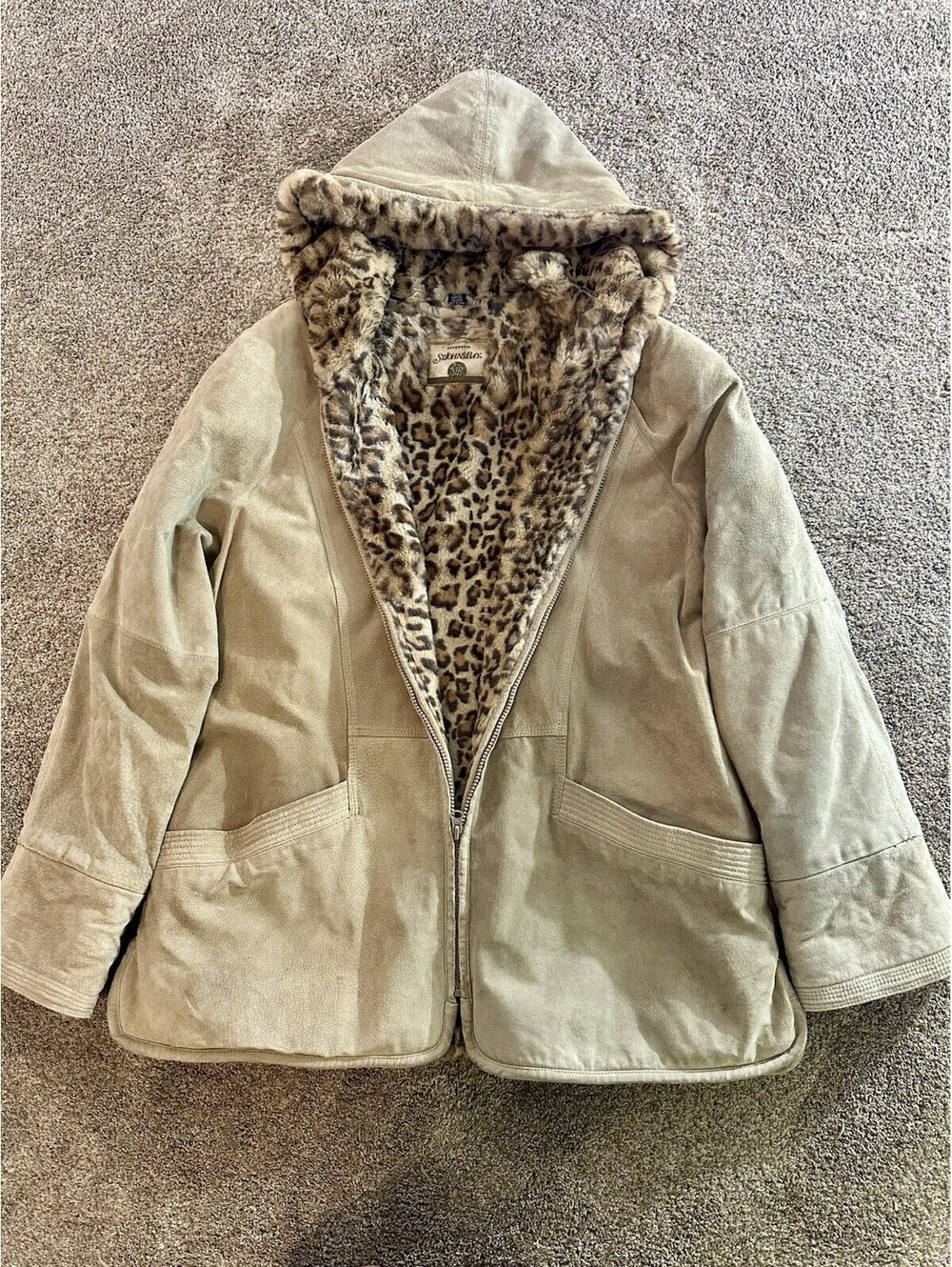 Y2K Leopard Cheetah Print Lined St Johns Bay Suede Hooded Jacket Coat L Petite